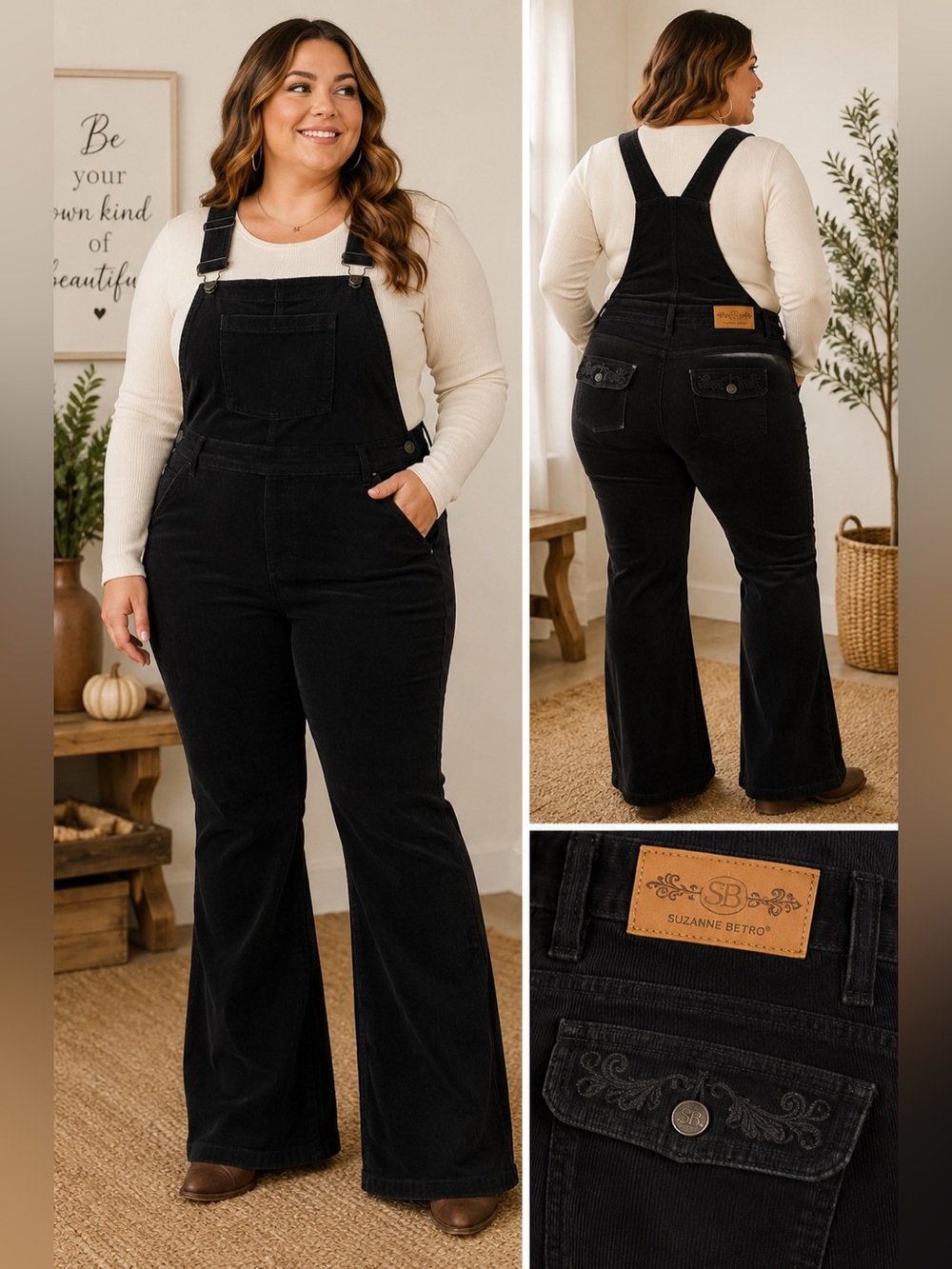Suzanne Betro NWT Black Stretch Corduroy Bootcut Overalls Woman’s Size 22